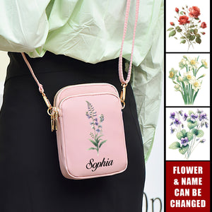 Birth Flower Shoulder Wallet With Headphone Hole Personalized Phone Crossbody Bag