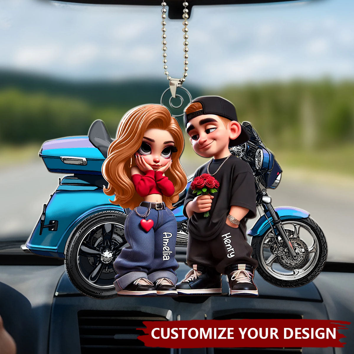 Y2K Style Motorcycle Couple - Personalized Acrylic Ornament, Valentine's Day Gift For Him, For Her