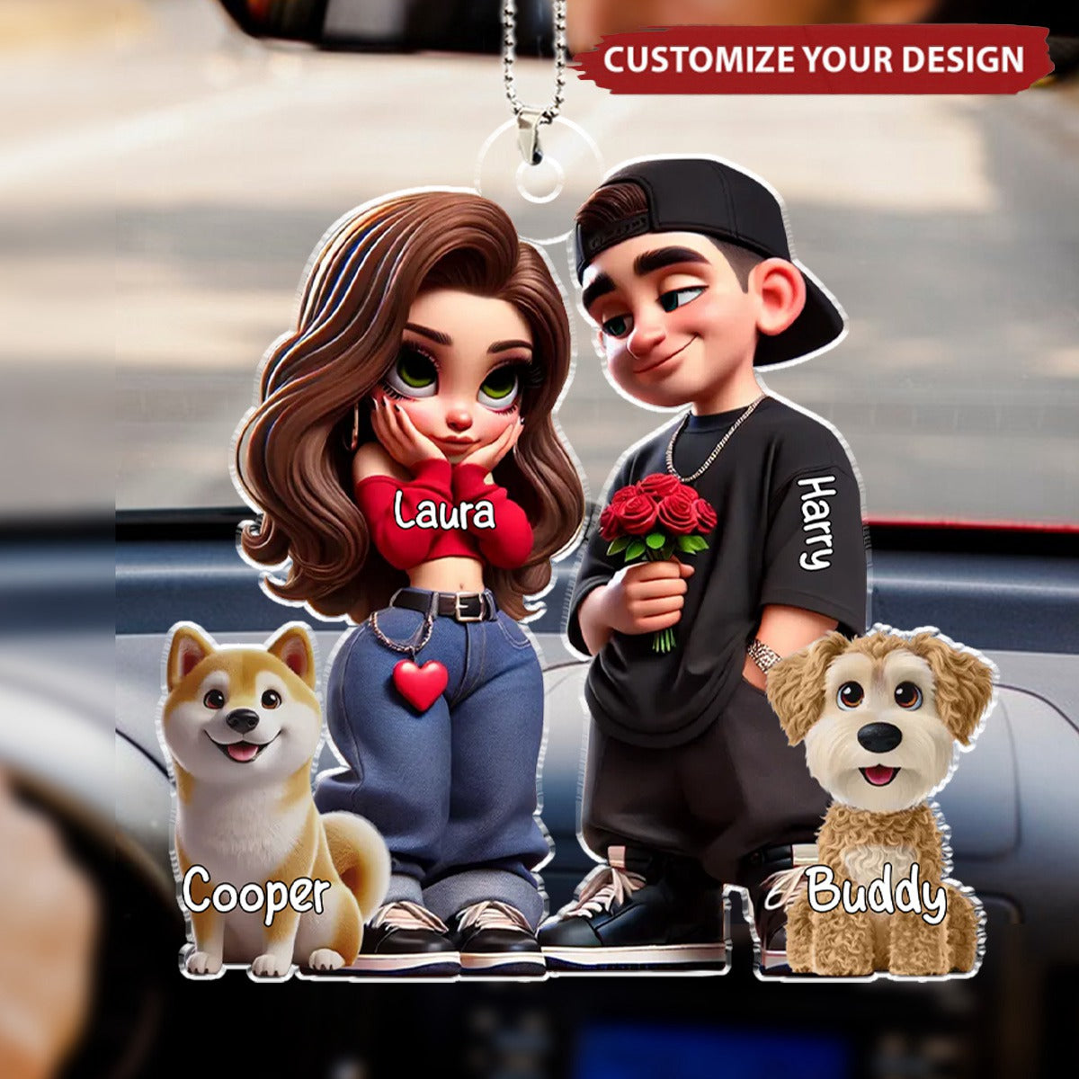 Y2K Style Couple And Dogs - Personalized Acrylic Ornament, Valentine's Day Gift For Him, For Her