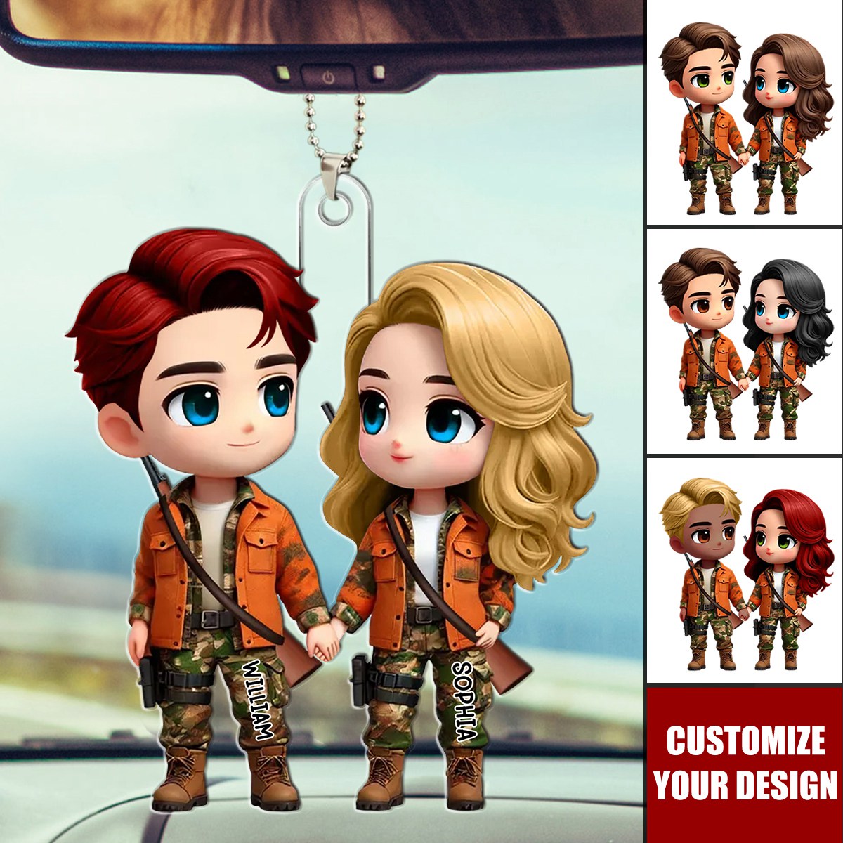 Cute Cartoon Couple Hunting Personalized Acrylic Car Ornament, Gift for Couple