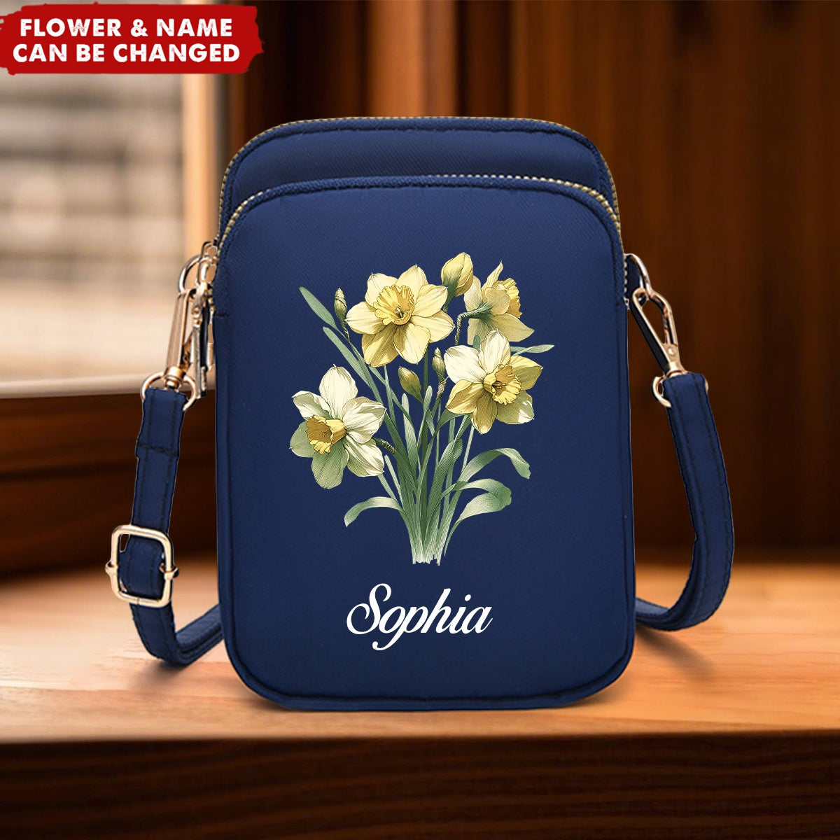 Birth Flower Shoulder Wallet With Headphone Hole Personalized Phone Crossbody Bag