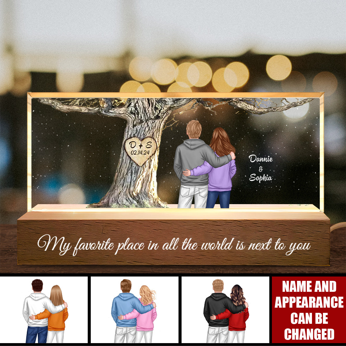 Couple Back View Engraved Tree Personalized Acrylic Block LED Night Light, Valentine's Day Gift, Anniversary Gift for Him for Her