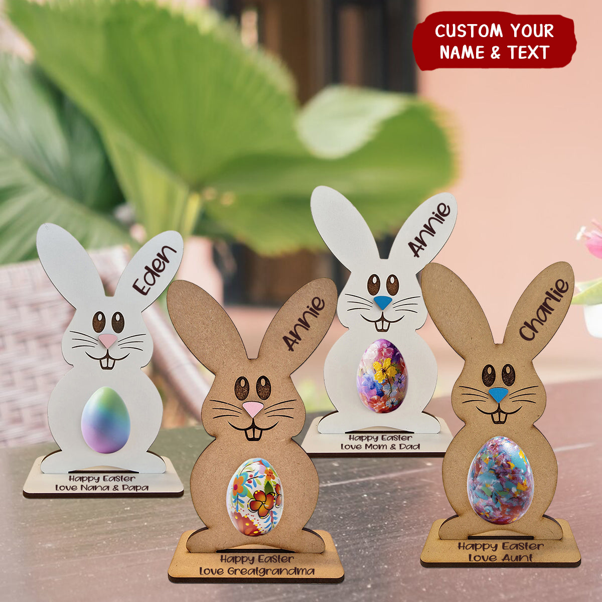 Bunny Holding Easter Egg Personalized Wooden Holder, Easter Gift For Kids Grandkids