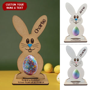 Bunny Holding Easter Egg Personalized Wooden Holder, Easter Gift For Kids Grandkids